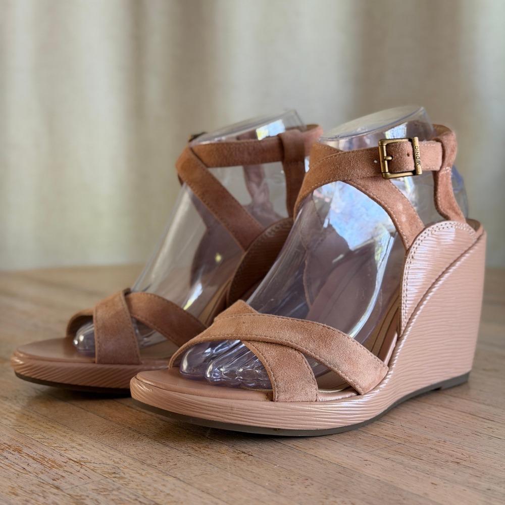 Vionic Bonita Suede Wedge Sandals Tan Ankle Strap Comfort Orthotic Shoes 8.5